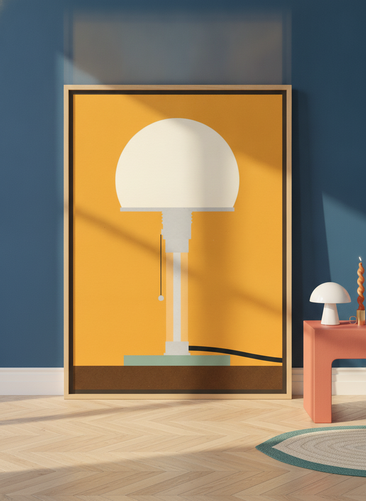 Oversized statement canvas wall art with a natural timber surround leaning against the wall in a colourful eclectic dining room