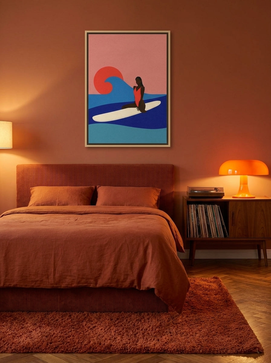 Canvas wall art with a natural timber surround styled on the wall in a retro 70s bedroom