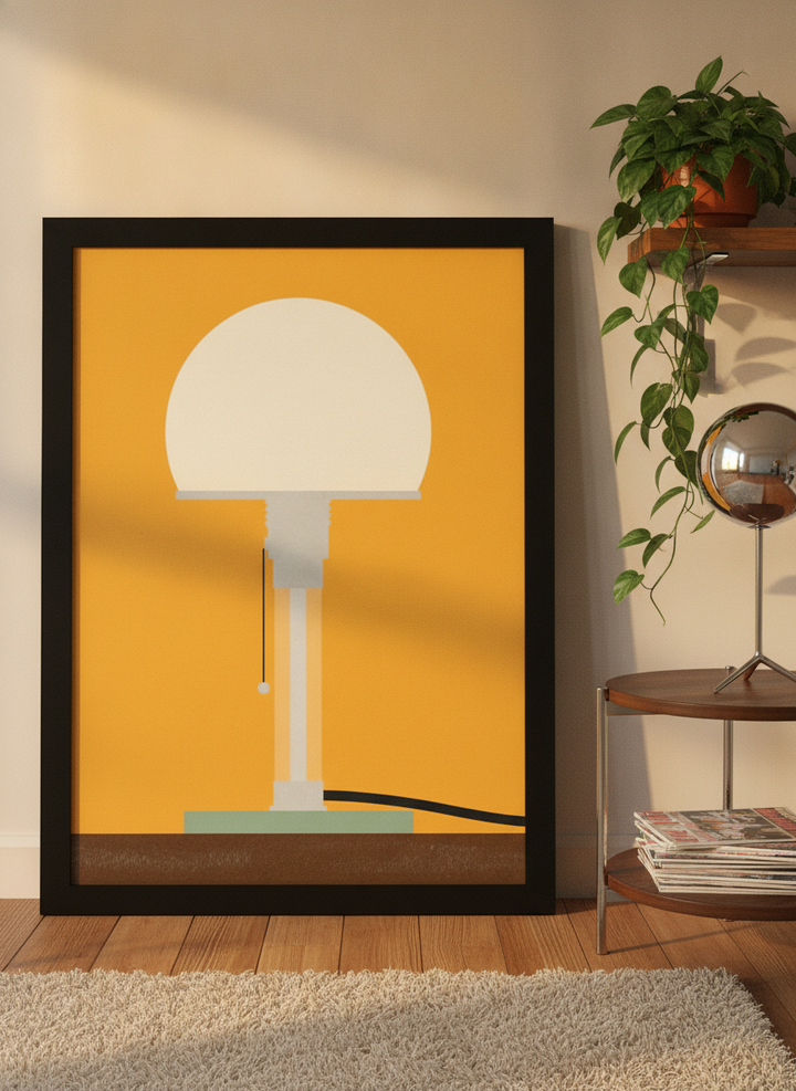Oversized statement modern wall art print leaning against the wall in a retro 70s home office