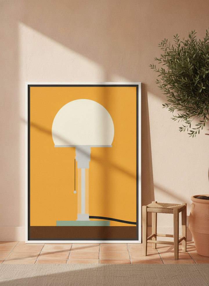 Canvas wall art with a white surround leaning against the wall in a Mediterranean home office