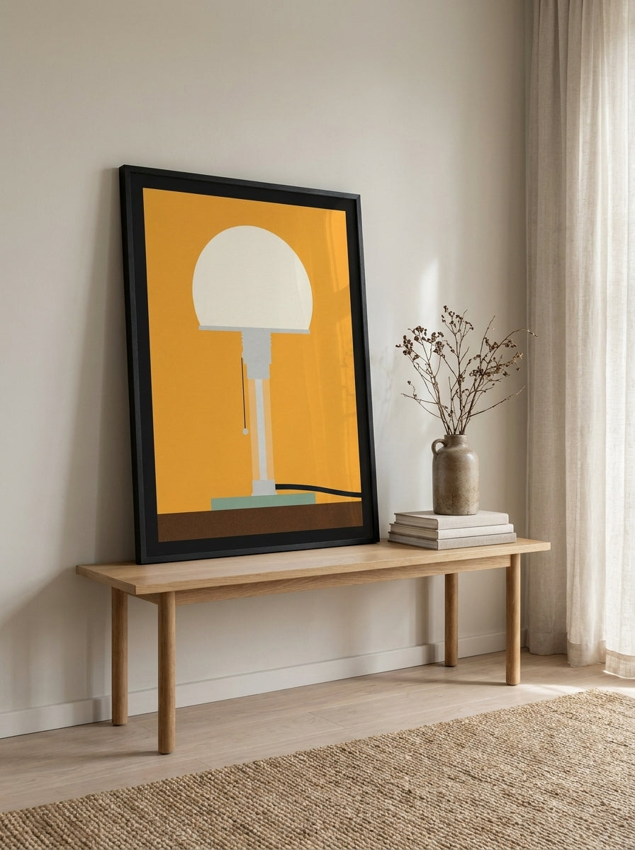 Modern wall art print standing on a bench in a warm Japandi living room