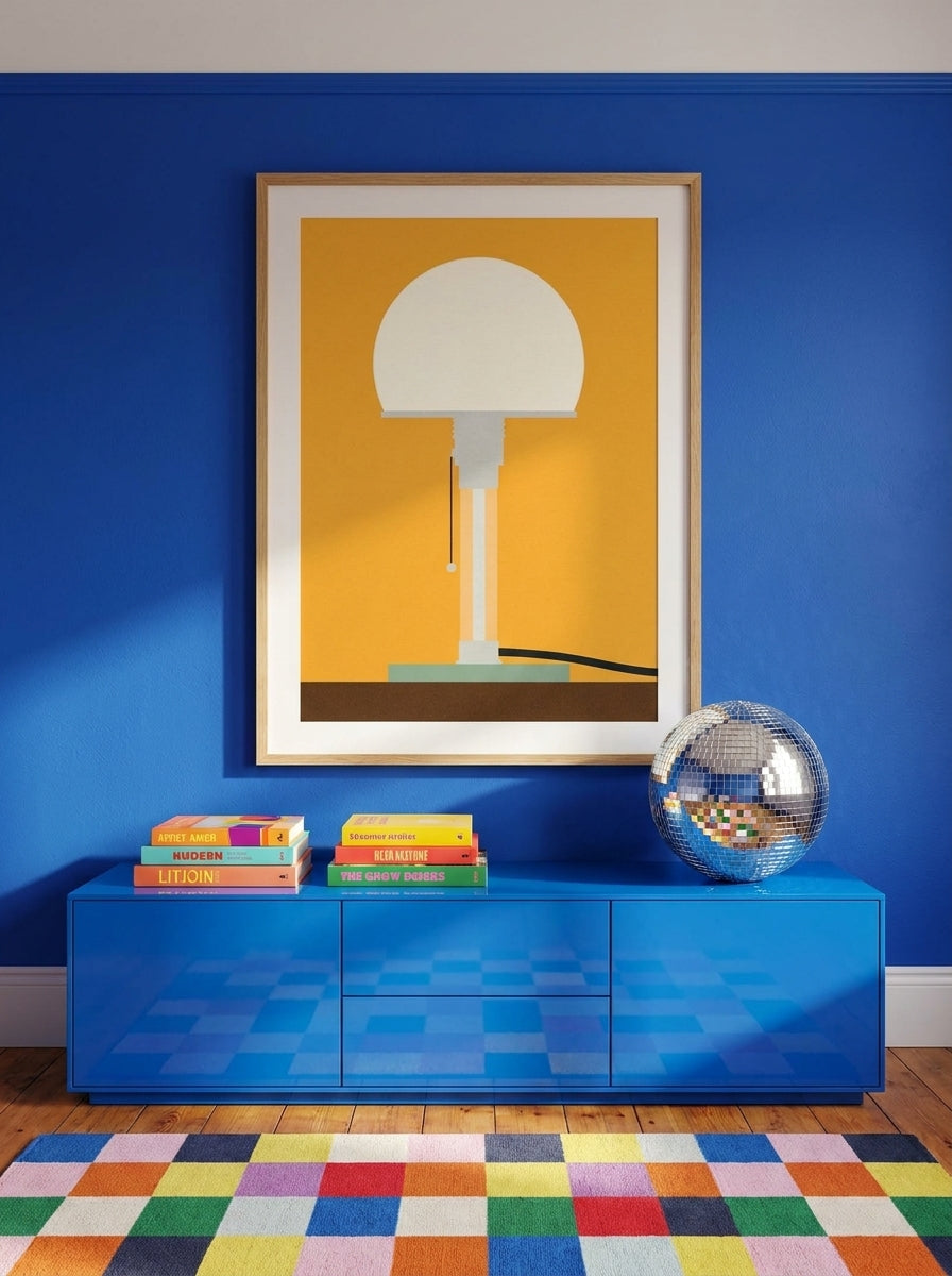 Modern wall art print styled on the wall in a colourful eclectic living room