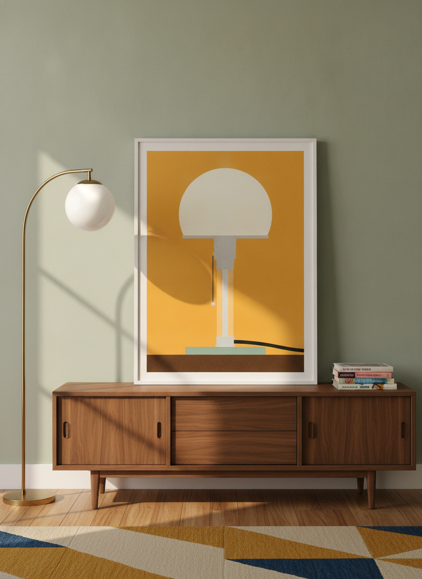 Modern wall art print standing on a sideboard in a mid-century bedroom