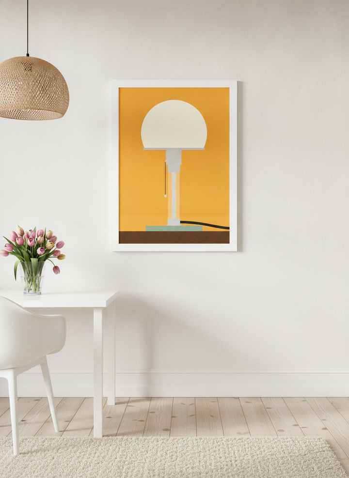 Modern wall art print styled on the wall in a bright Scandinavian home office