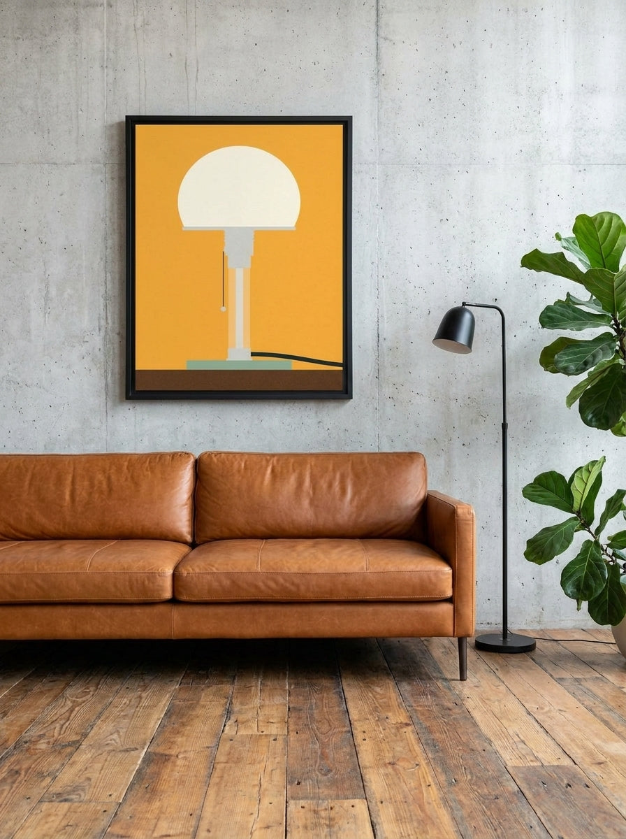 Canvas wall art with a black surround styled on the wall in an industrial loft living room