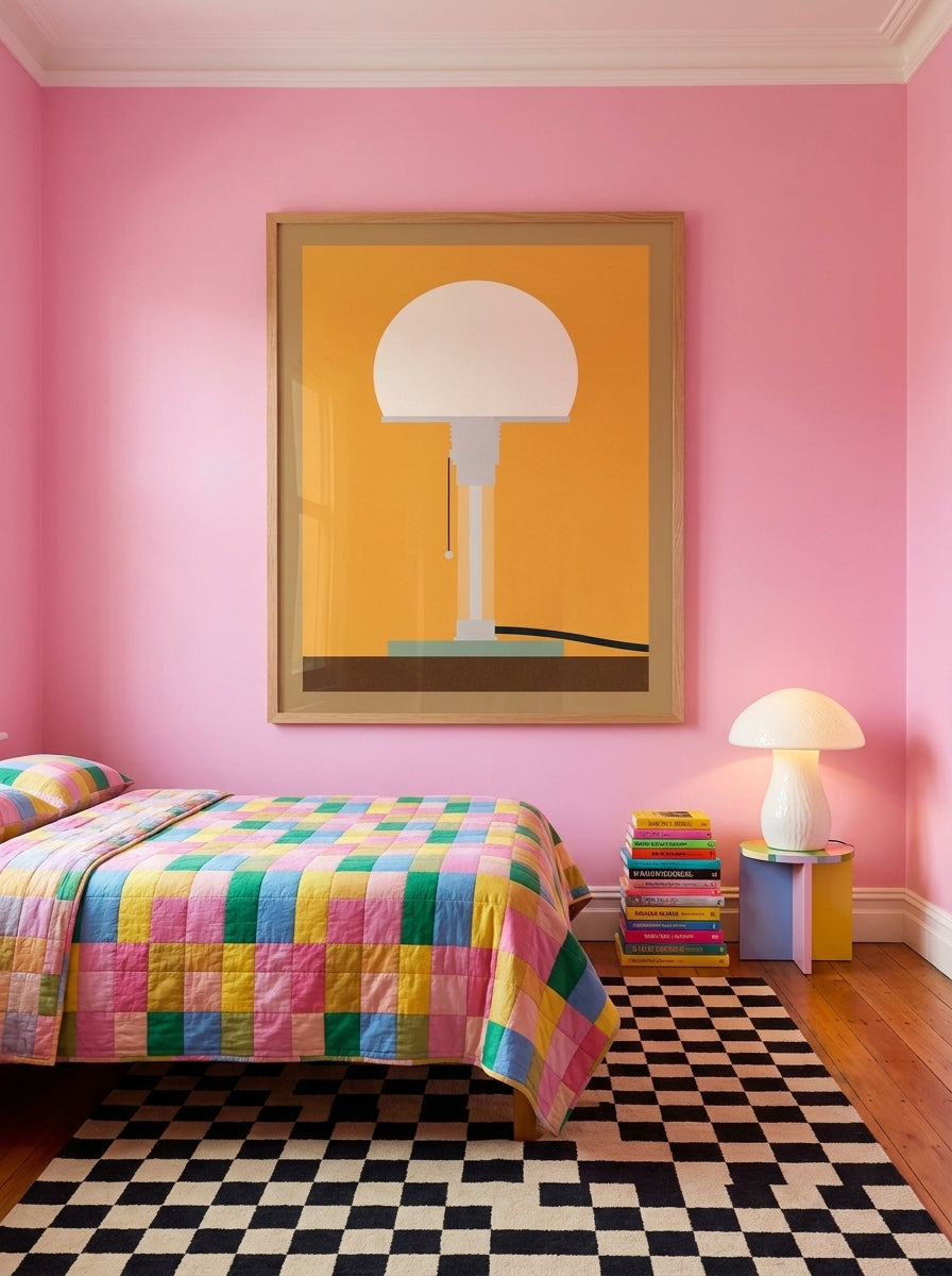 Oversized statement modern wall art print styled on the wall in a colourful eclectic bedroom