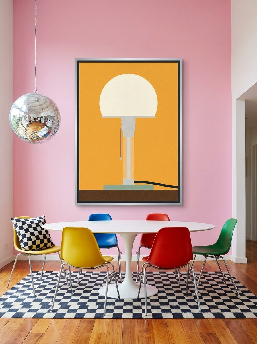 Oversized statement canvas wall art with a silver leaf surround styled on the wall in a colourful eclectic dining room