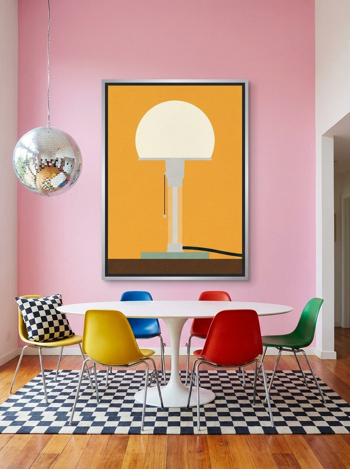 Oversized statement canvas wall art with a silver leaf surround styled on the wall in a colourful eclectic dining room