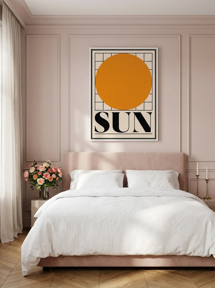 Canvas wall art with a white surround styled on the wall in a Parisian bedroom