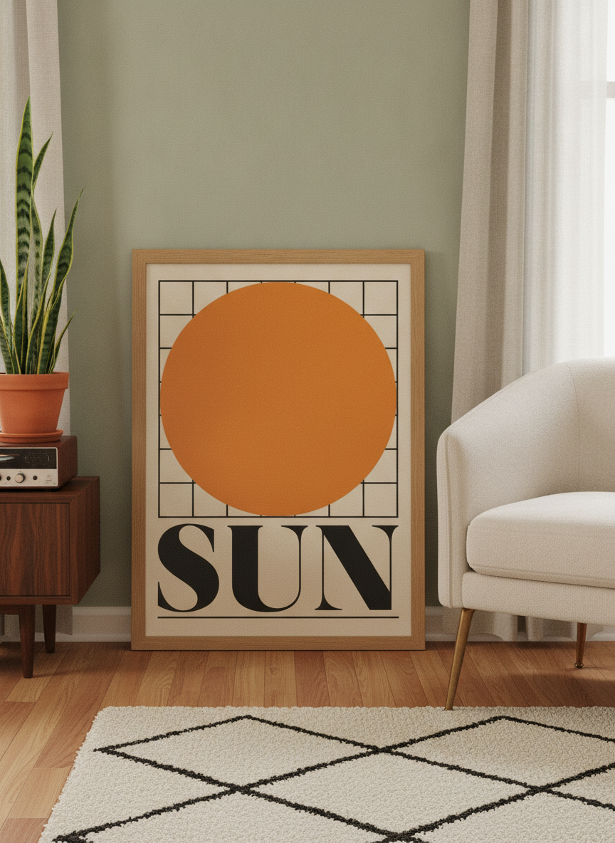 Modern wall art print leaning against the wall in a mid-century bedroom