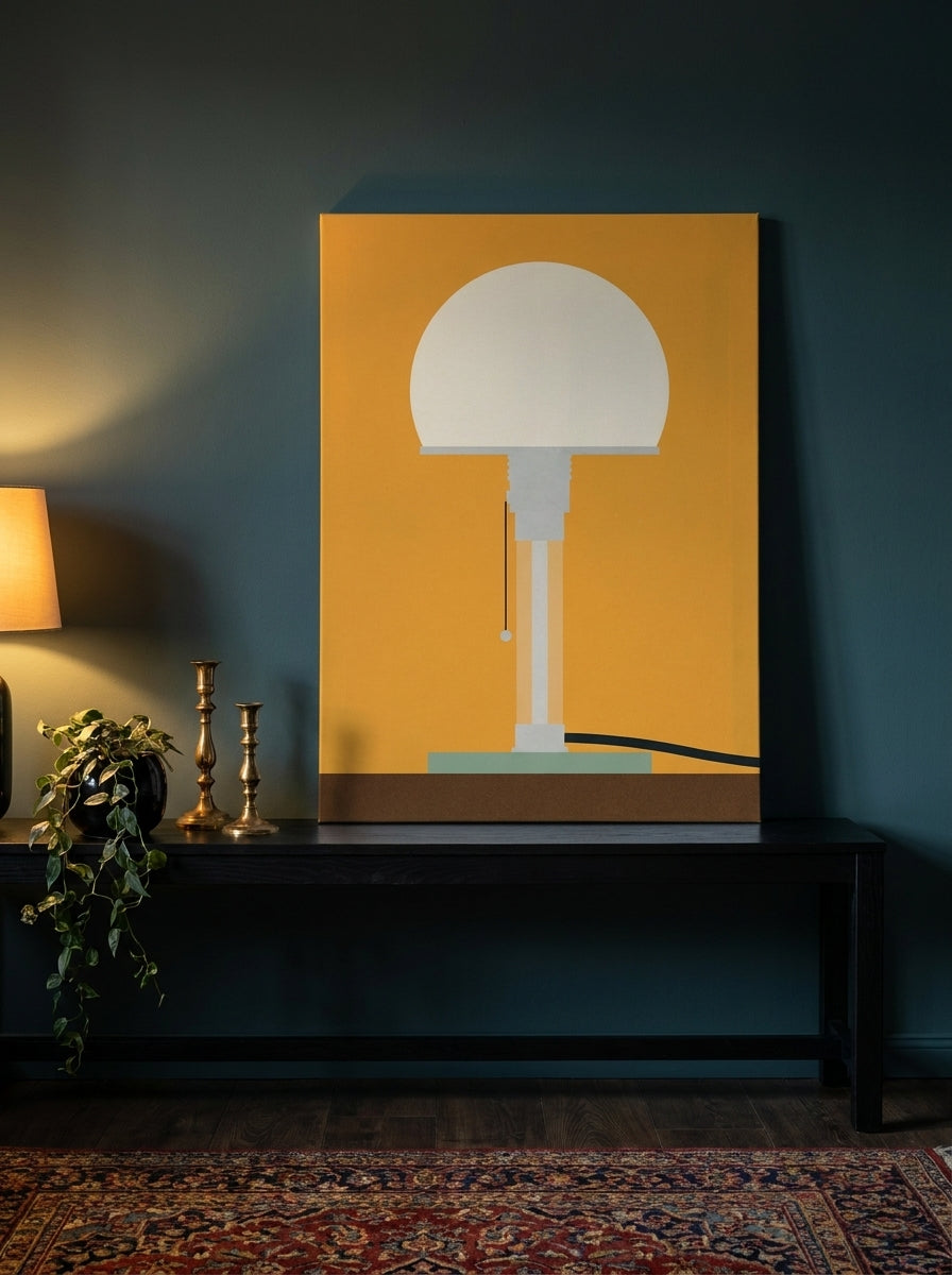 Stretched canvas wall art standing on a console in a moody bedroom
