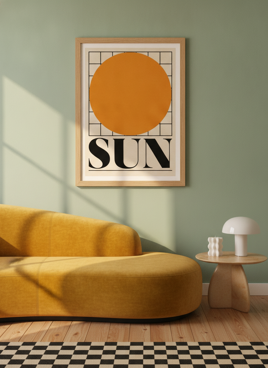 Modern wall art print styled on the wall in a colourful eclectic living room