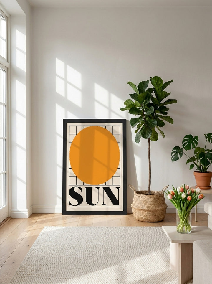 Oversized statement modern wall art print leaning against the wall in a bright Scandinavian dining room