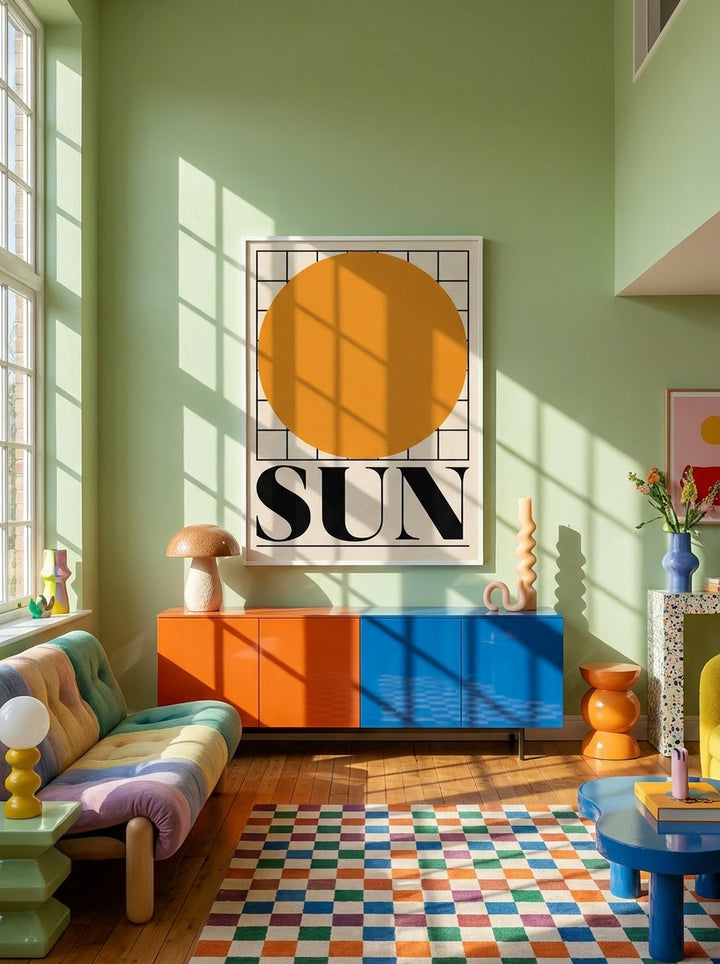 Oversized statement modern wall art print styled on the wall in a colourful eclectic living room