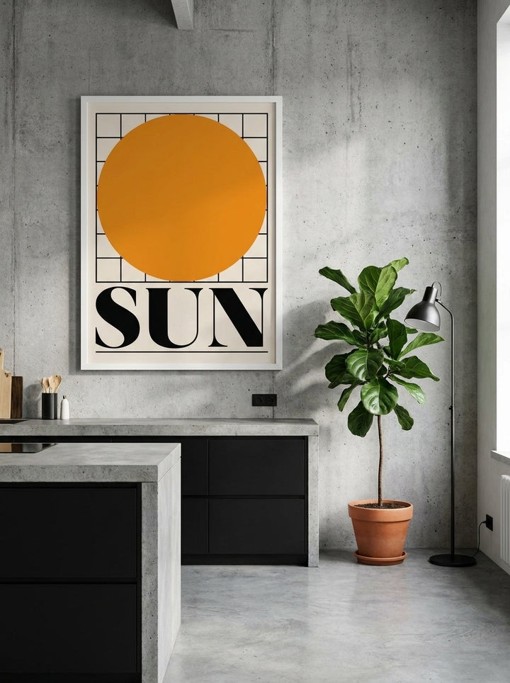 Modern wall art print styled on the wall in an industrial loft kitchen
