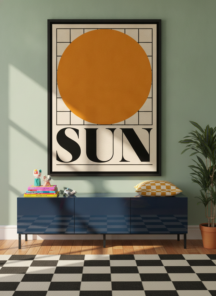 Oversized statement canvas wall art with a black surround styled on the wall in a colourful eclectic living room