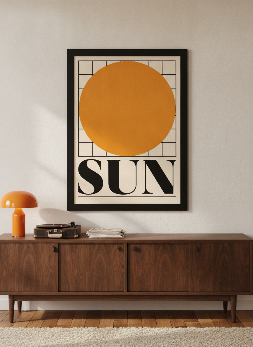 Modern wall art print standing on a sideboard in a retro 70s home office
