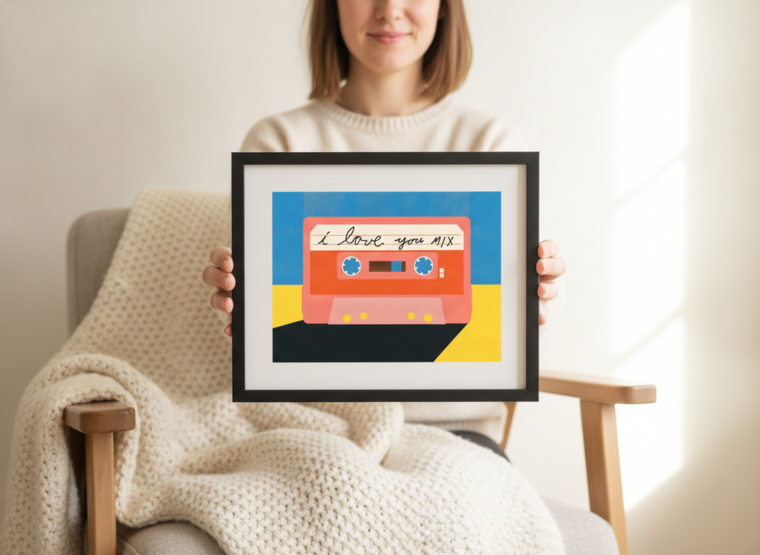 Person holding modern wall art print in a bright Scandinavian living room
