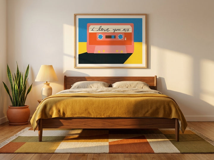 Modern wall art print styled on the wall in a mid-century bedroom