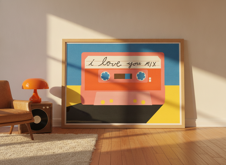 Oversized statement modern wall art print leaning against the wall in a retro 70s home office
