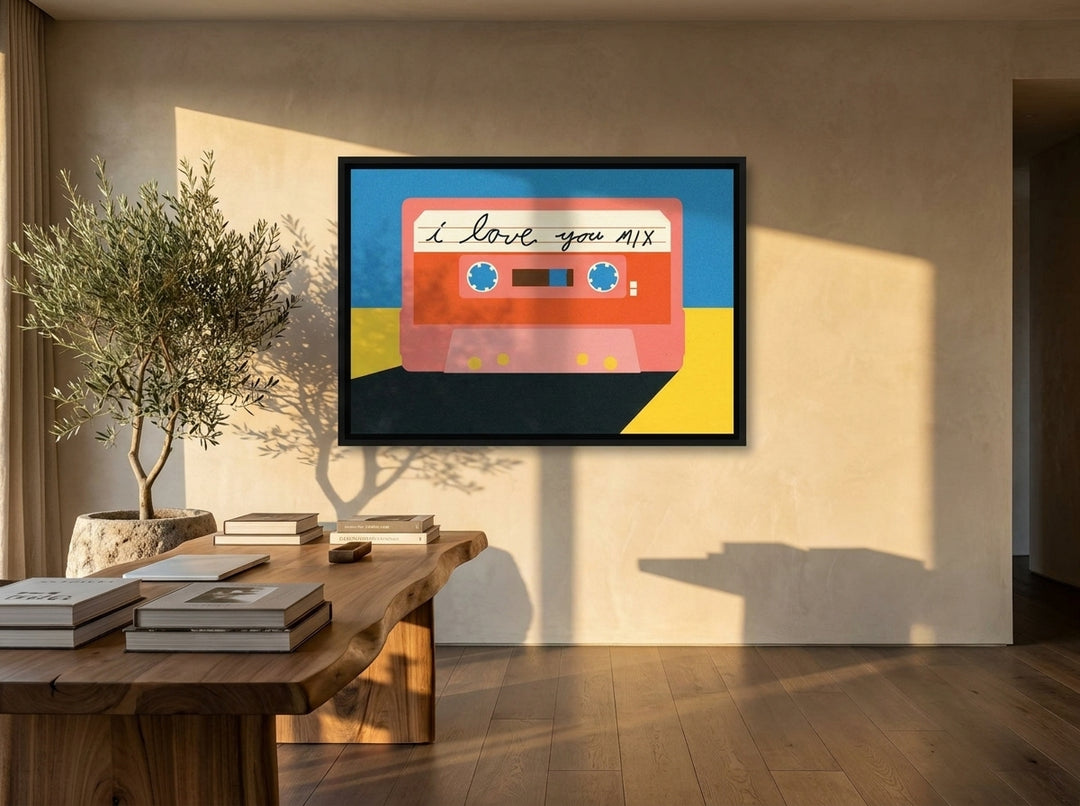 Canvas wall art with a black surround styled on the wall in a luxe home office