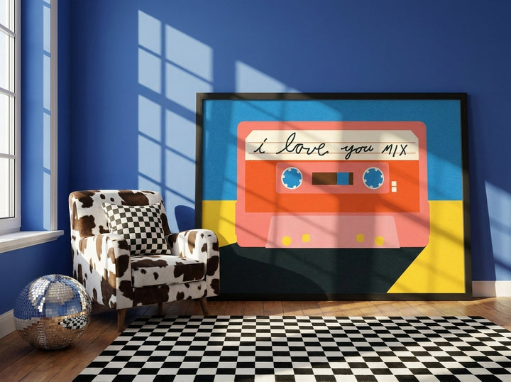 Oversized statement modern wall art print leaning against the wall in a colourful eclectic living room