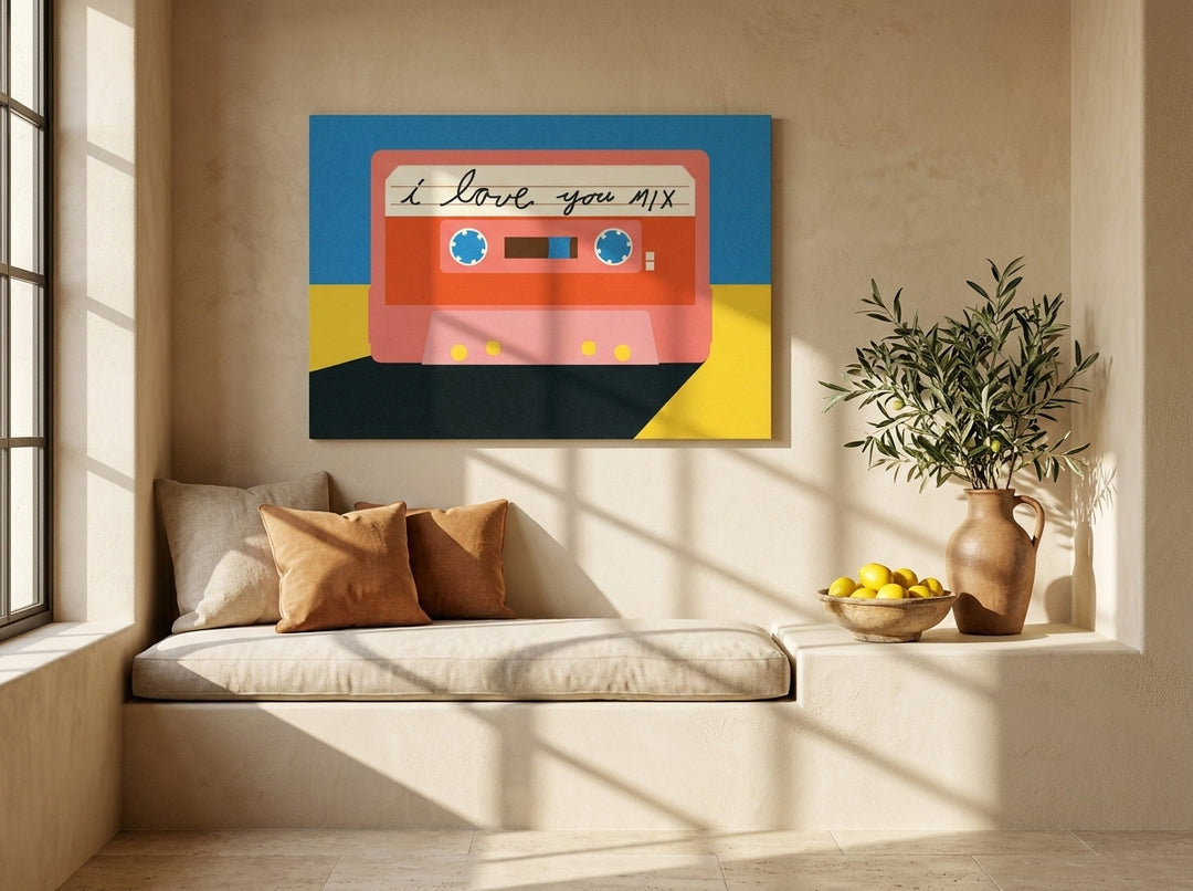 Stretched canvas wall art styled on the wall in a Mediterranean living room