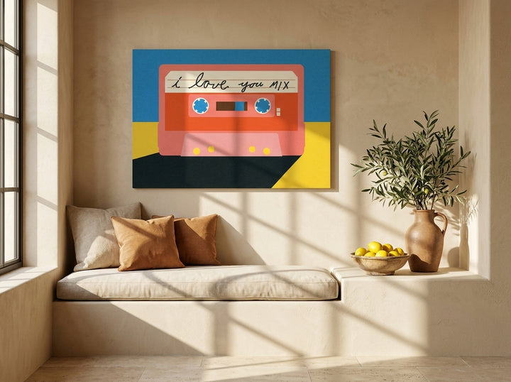 Stretched canvas wall art styled on the wall in a Mediterranean living room