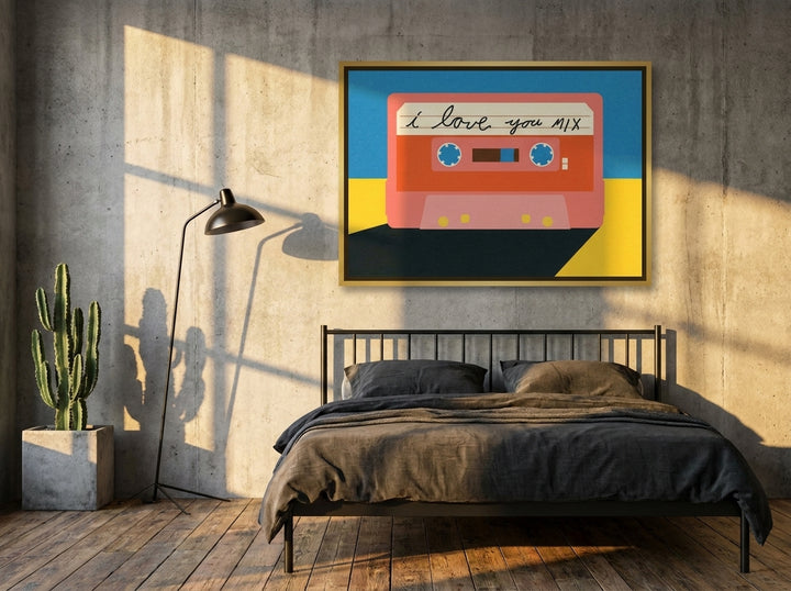 Canvas wall art with a gold leaf surround styled on the wall in an industrial loft bedroom