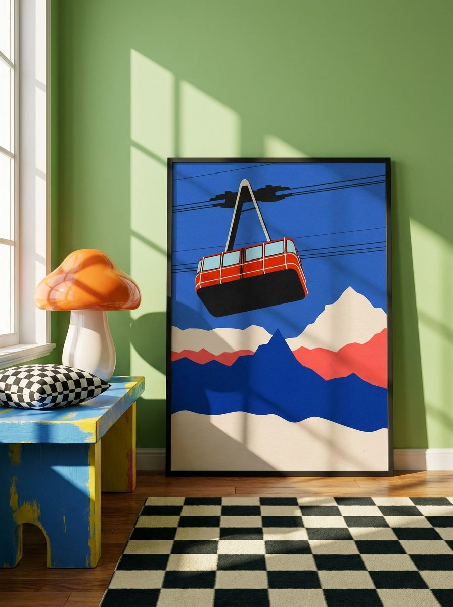 Modern wall art print standing on a side table in a colourful eclectic home office