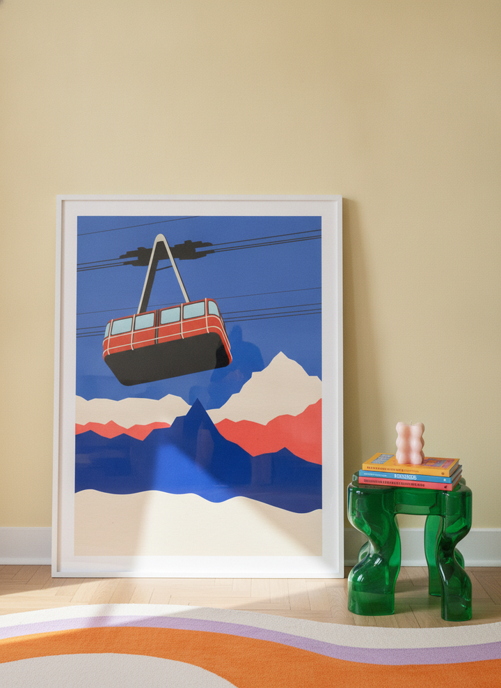 Oversized statement modern wall art print leaning against the wall in a colourful eclectic living room