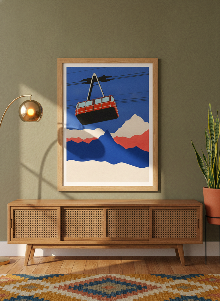 Modern wall art print styled on the wall in a mid-century living room