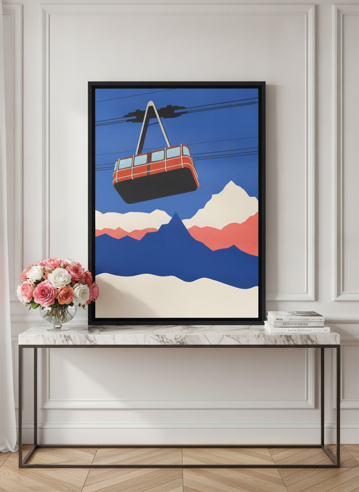 Canvas wall art with a black surround standing on a console in a Parisian bedroom
