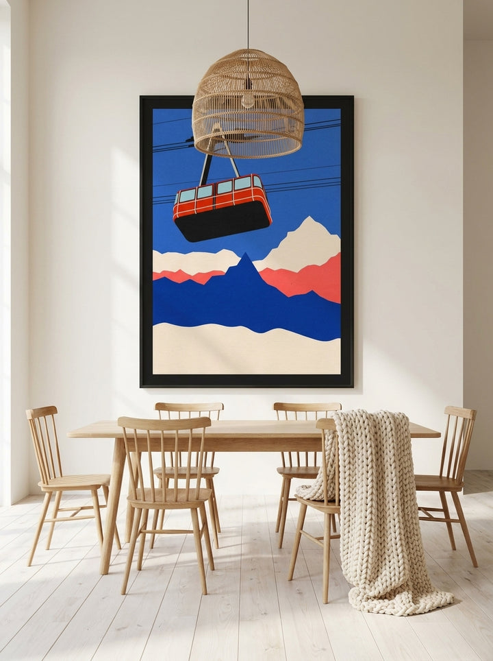 Oversized statement modern wall art print styled on the wall in a bright Scandinavian dining room