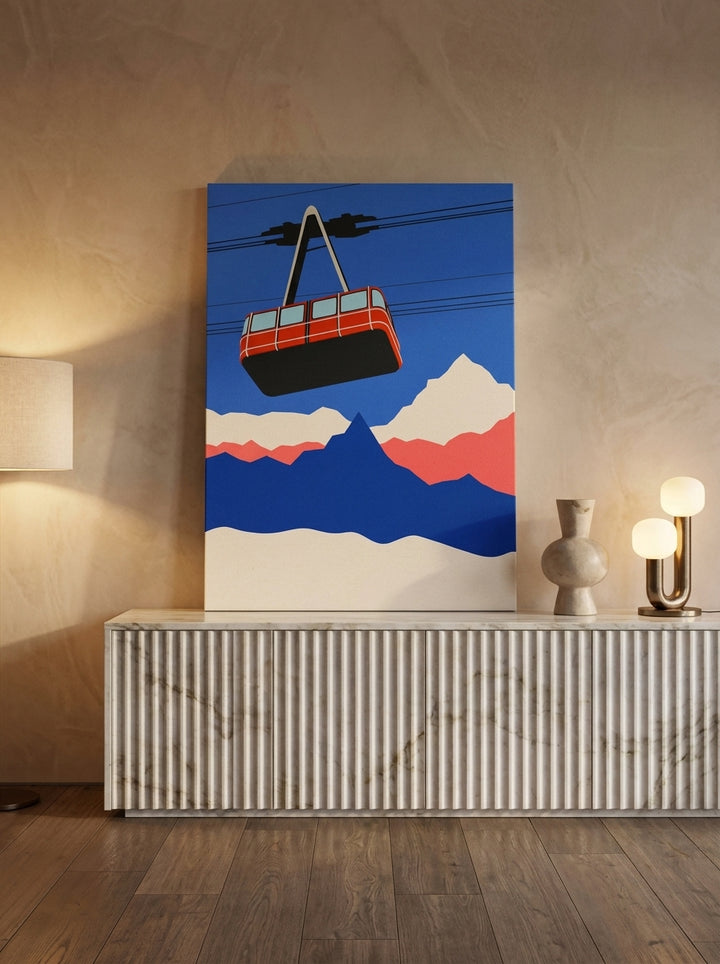 Stretched canvas wall art standing on a sideboard in a luxe home office