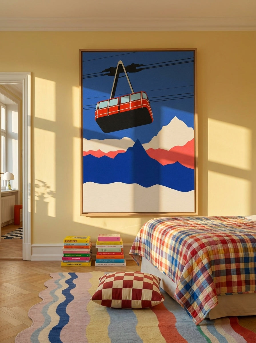 Oversized statement canvas wall art with a natural timber surround styled on the wall in a colourful eclectic bedroom
