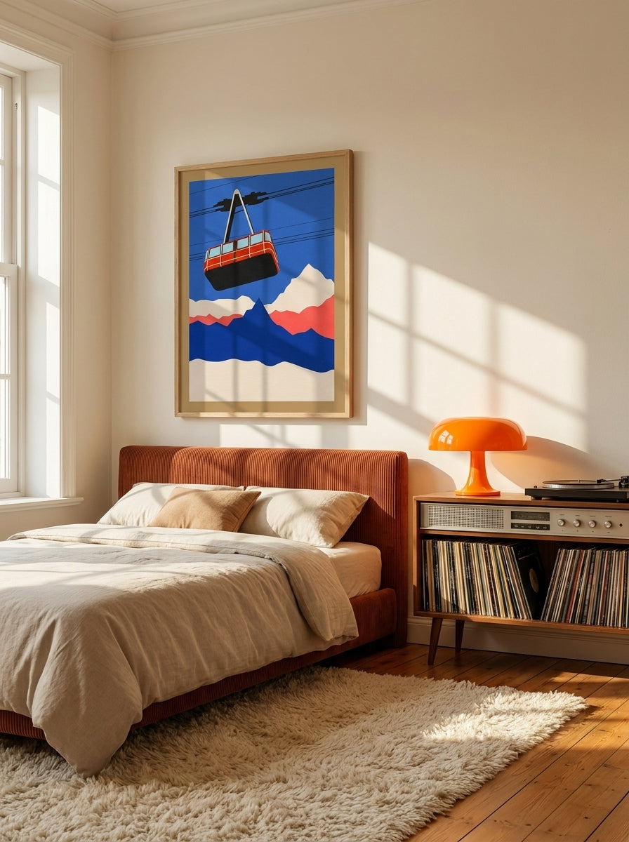 Modern wall art print styled on the wall in a retro 70s bedroom