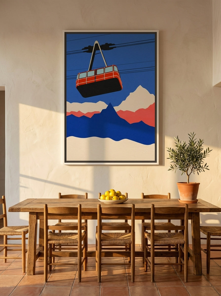 Oversized statement canvas wall art with a white surround styled on the wall in a Mediterranean dining room