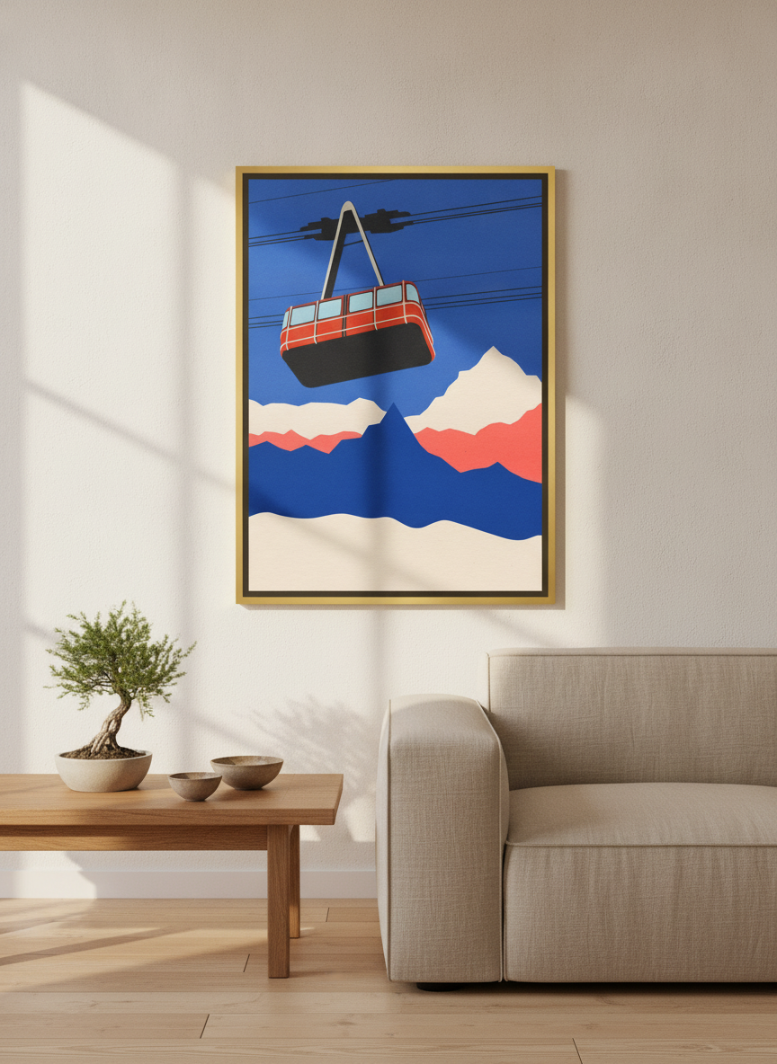 Canvas wall art with a gold leaf surround styled on the wall in a warm Japandi living room