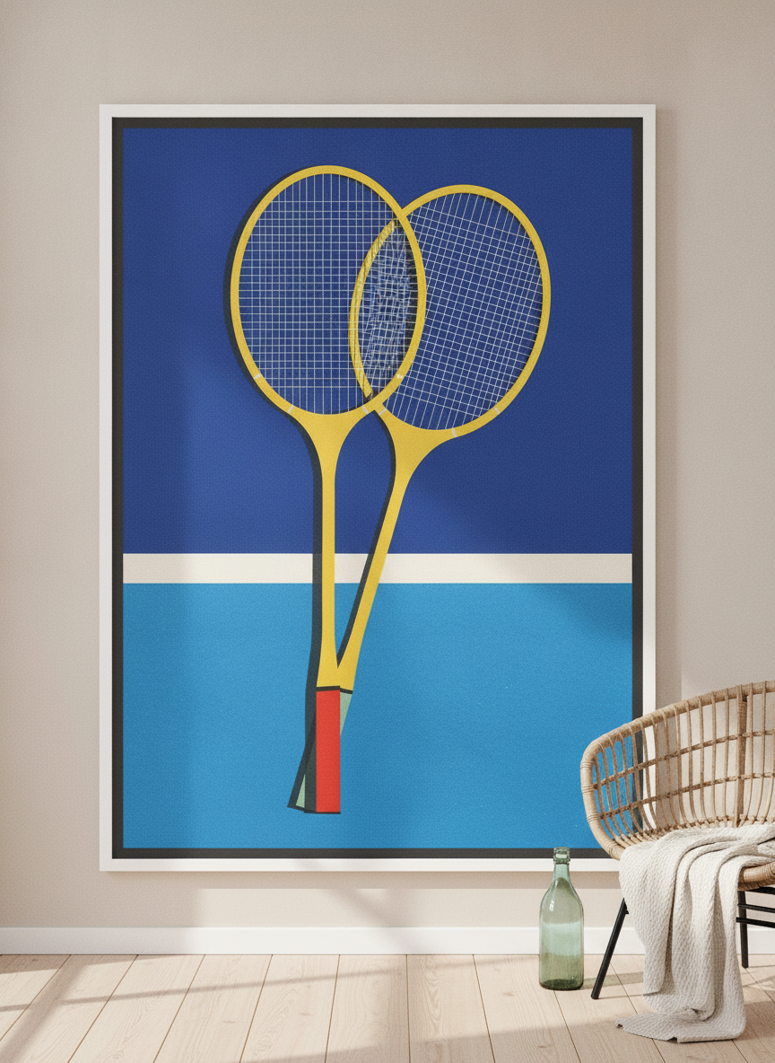Oversized statement canvas wall art with a white surround leaning against the wall in a coastal living room