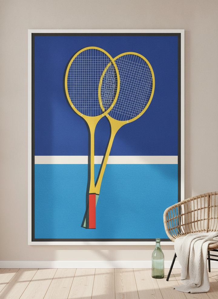 Oversized statement canvas wall art with a white surround leaning against the wall in a coastal living room