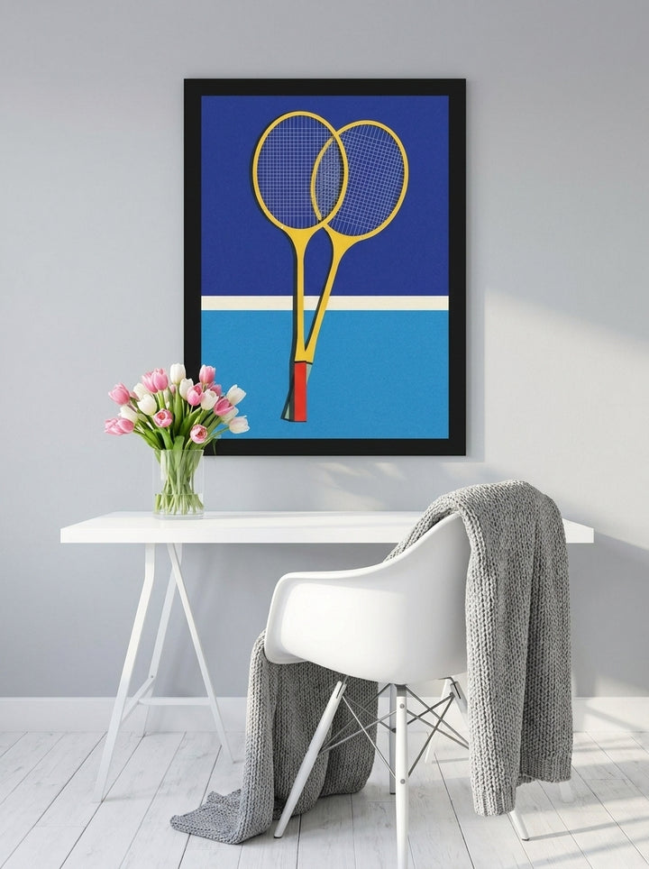 Modern wall art print styled on the wall in a bright Scandinavian home office