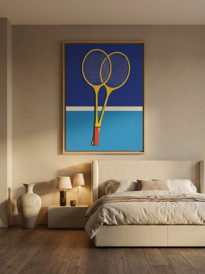 Oversized statement canvas wall art with a natural timber surround styled on the wall in a luxe bedroom