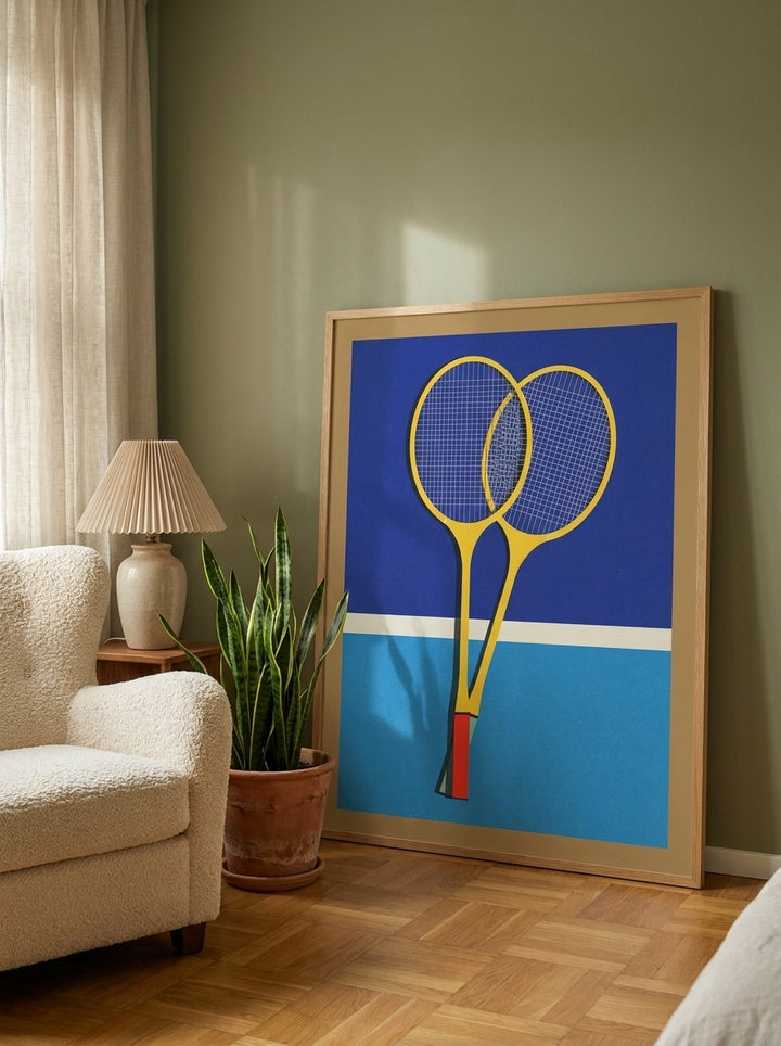 Modern wall art print leaning against the wall in a mid-century bedroom