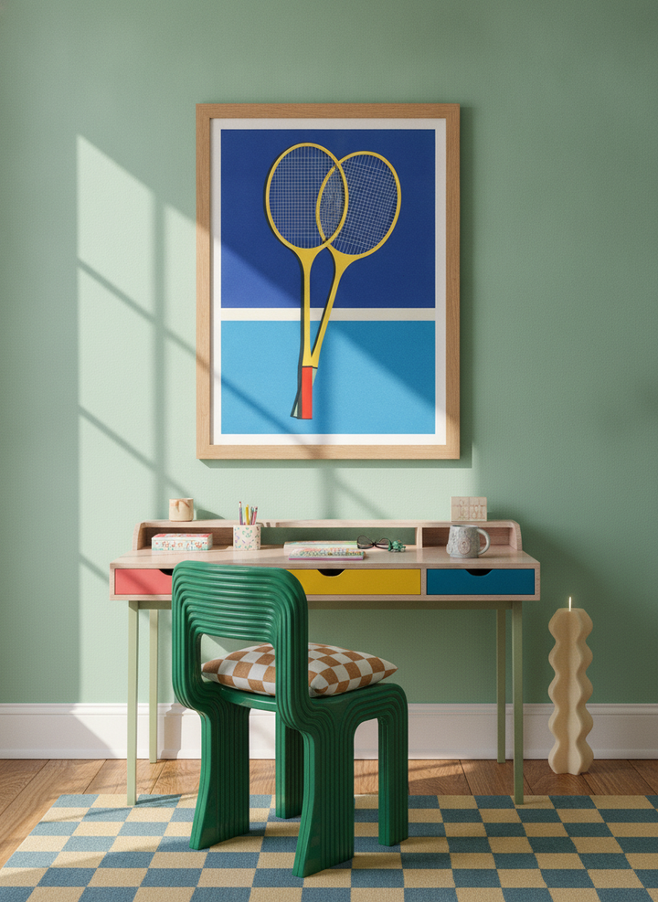 Modern wall art print styled on the wall in a colourful eclectic home office