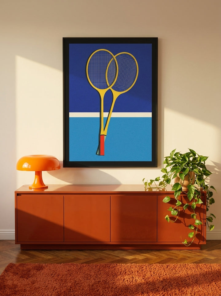 Oversized statement modern wall art print styled on the wall in a retro 70s living room