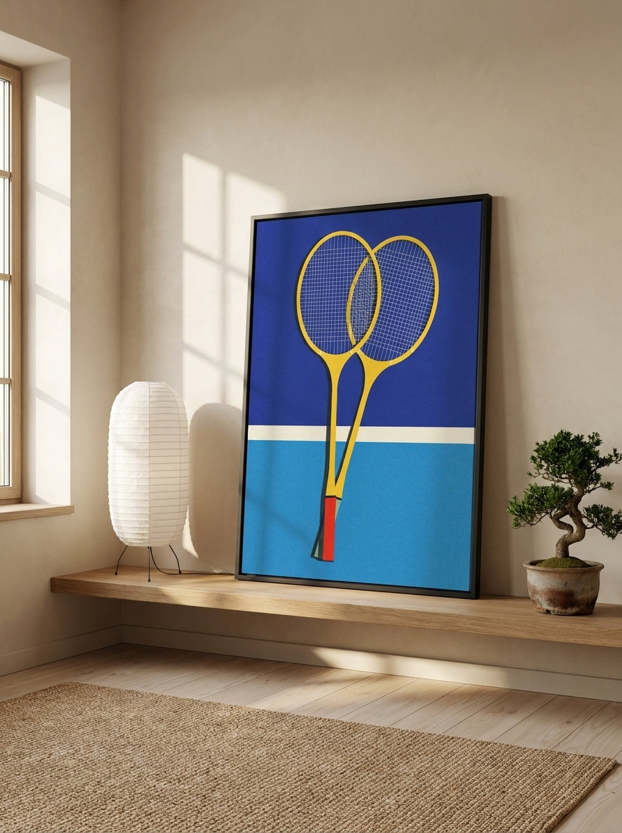 Canvas wall art with a black surround standing on a shelf in a warm Japandi home office