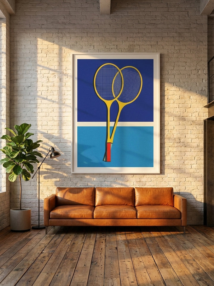 Oversized statement modern wall art print styled on the wall in an industrial loft living room