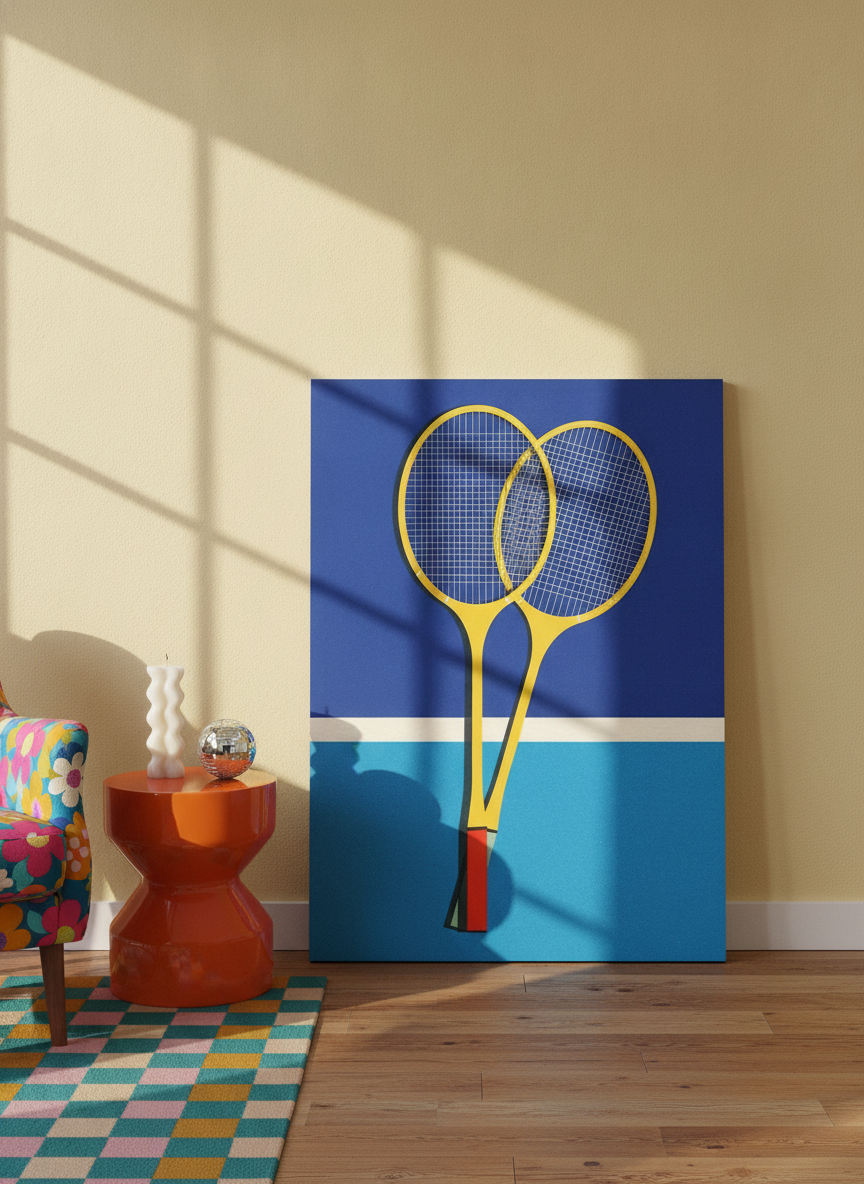 Stretched canvas wall art leaning against the wall in a colourful eclectic dining room