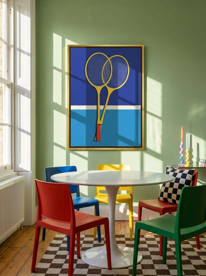 Canvas wall art with a gold leaf surround styled on the wall in a colourful eclectic dining room